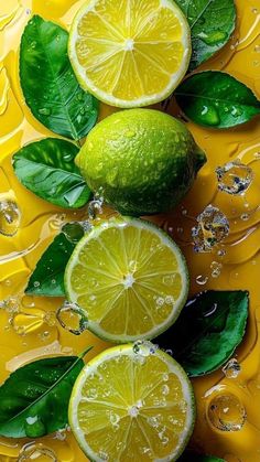 three limes with leaves and water splashing on the surface next to each other