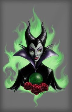 an evil queen holding a green ball in her right hand and wearing black with red roses