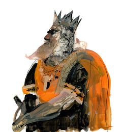 a drawing of a man with a crown on his head and an orange shirt around his neck