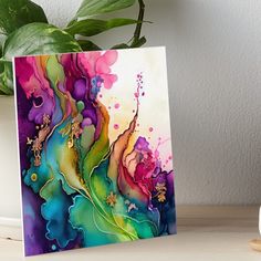 an abstract painting on a white background with green and purple colors art board print by person