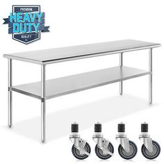 the heavy duty work table with wheels is shown in four different sizes and colors, including one