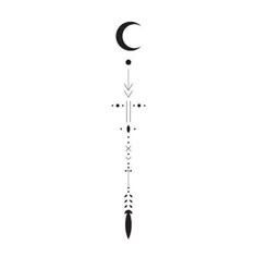 a black and white drawing of an arrow with the moon in the sky above it