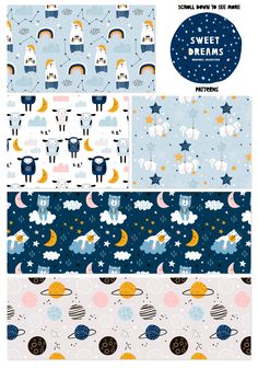 four different patterns with stars and clouds on them