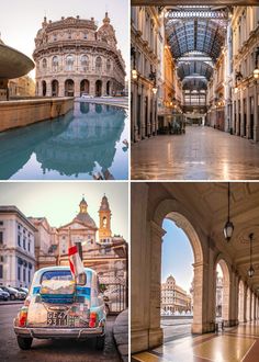 four different pictures of buildings and cars in the city