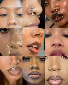 different types of nose piercings on women's faces and noses are shown in this collage