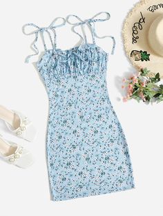 Blue Boho Collar Sleeveless Fabric Ditsy Floral Cami Embellished Slight Stretch Summer Women Clothing Tennis Dress Outfit, Bat Mitzvah Dresses, Style Bleu, Ditsy Floral Dress, Cute Dress Outfits, Floral Cami, Future Outfit, Womens Floral Dress, Ruched Bodycon Dress