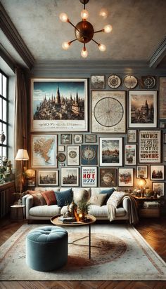 a living room filled with furniture and lots of pictures on the wall above it's coffee table