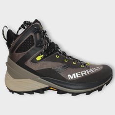 men's merrella hiking shoe in black and grey with yellow laces on the sole