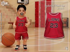 a young boy wearing a red basketball uniform and pacifier