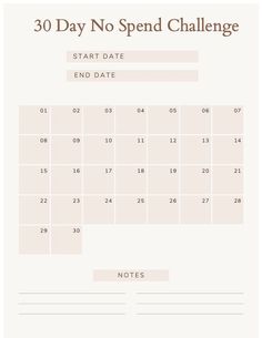 the 30 day no spend challenge calendar