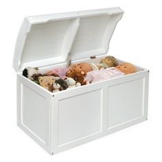 an open white toy chest with stuffed animals in the top and bottom section, on a white background