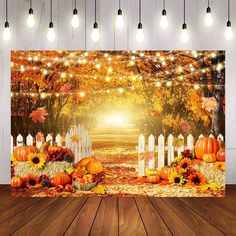 an outdoor fall scene with pumpkins and sunflowers