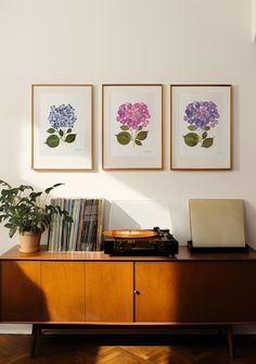 three framed pictures hang on the wall above a record player