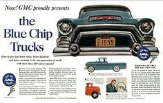 an old advertisement for the blue chip trucks, with pictures of classic cars on it