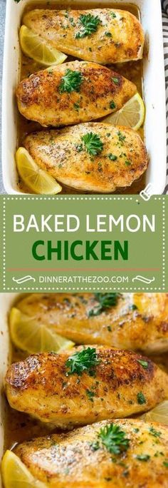 baked lemon chicken in a white casserole dish