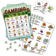 the camping bingo game is on display with other items in front of it and an image of