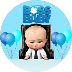 the boss baby character is sitting in a chair surrounded by blue balloons and heliums