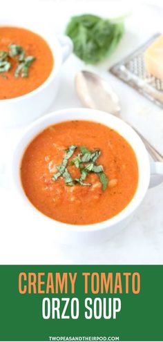 two white bowls filled with creamy tomato orzo soup