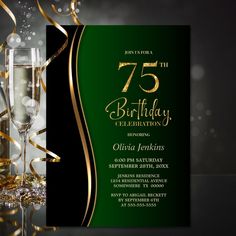 a green and gold birthday party card with two champagne glasses, streamers and confetti