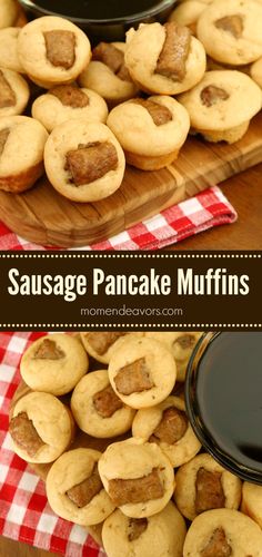 sausage pancake muffins on a wooden platter with a red and white checkered tablecloth