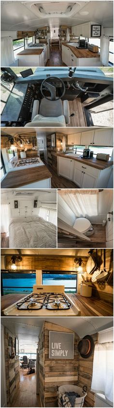 the inside of a camper with lots of wood flooring and furniture in it