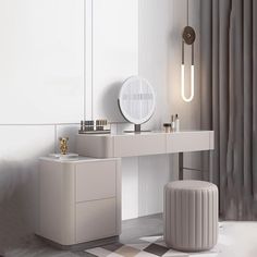 a white dressing table with a mirror and stool