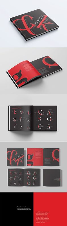 an open book with red and black designs on it, in the middle of two different pages