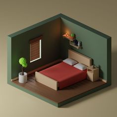 a low poly model of a bedroom with a bed, nightstands and plant in the corner