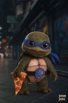 a little turtle holding a slice of pizza