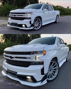 the front and side view of a white truck