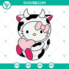 a hello kitty sitting on top of a black and white cow with pink bow in its mouth