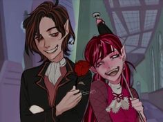 an animated image of two people standing next to each other with one holding a rose