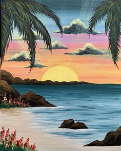 an oil painting of palm trees and the ocean at sunset with clouds in the sky