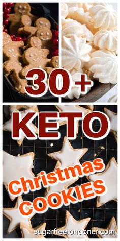 christmas cookies with the words, 30 + keto christmas cookies on top and below