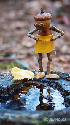 a wooden doll standing on top of a rock next to a puddle in the woods