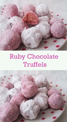 there is a plate full of pink and white chocolate truffles