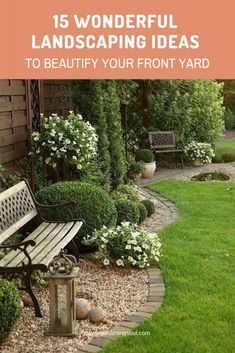 a wooden bench sitting in the middle of a lush green yard next to a stone path