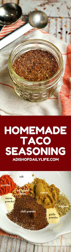 homemade taco seasoning recipe in a glass jar on a plate with spoons