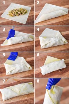 how to make an appetizer wrapper with rolled up dough and blue utensils