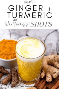 ginger turmeric with cinnamons and spices on the side, in front of it