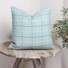 a blue pillow sitting on top of a wooden stool next to a potted plant