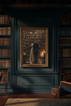 a painting of a man and woman standing in front of a bookshelf