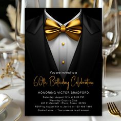 an elegant black and gold birthday party with a bow tie on it's card