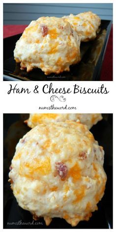 two pictures of biscuits with cheese and bacon on them