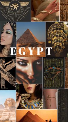 an egyptian collage with the words egypt and pictures of pyramids, sphinx head, eye