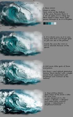 three different types of waves in the ocean, one with blue and white paint on it