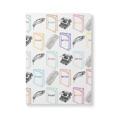 a notebook with different types of typewriters and words on the cover, all lined up