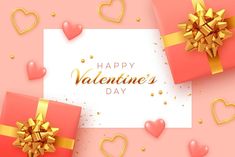 valentine's day greeting card with gift boxes and golden bows on pink background surrounded by hearts