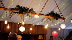 some lights hanging from the ceiling with plants growing out of them and people standing around