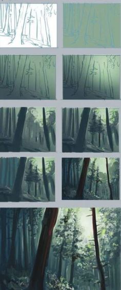 several different images of trees in the woods, and one is drawn with blue ink